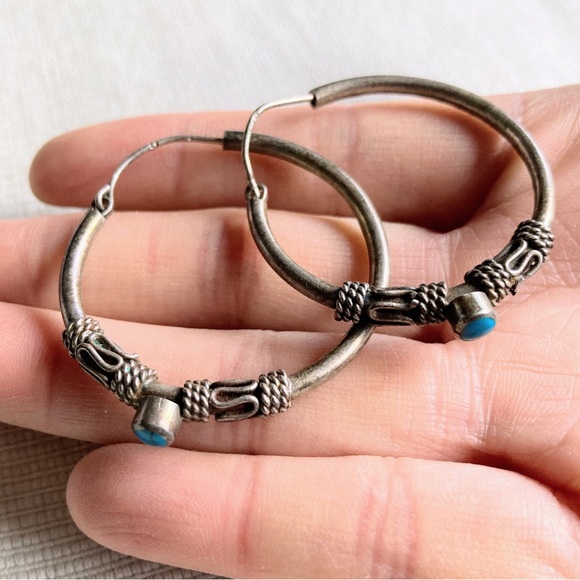 Vintage Large Turquoise Sterling Silver 925 Bali Style Inlay Hoop Post Earrings - Picture 11 of 16